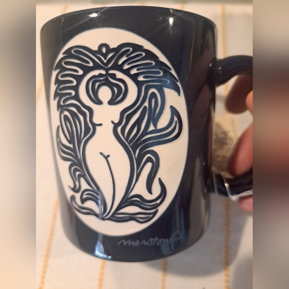 2 Anne Marston Cobalt Blue Goddess Etched Coffee Mugs Cups. New with Tags - Picture 3 of 9
